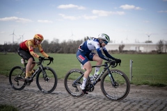 BORGSTRÖM Julia (SWE/AG Insurance - Soudal Quick-Step) and YSLAND Anne Dorthe (NOR/UnoX) racing over the sketchy cobbles Le Samyn des Dames 2023One day race from Quaregnon to Dour (BEL/99km)©kramon